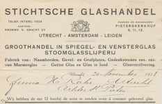 712092 Kop van een nota van de N.V. Stichtsche Glashandel, Groothandel in Spiegel- en Vensterglas Stoomglasslijperij, ...